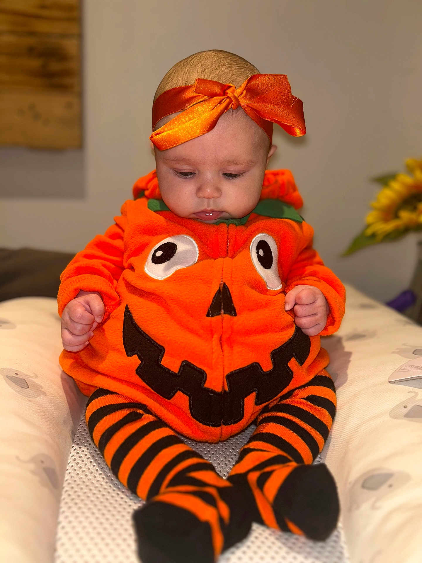 Poppy joined the competition — help win amazing prizes! baby, child, costume, pumpkin, orange, headband, striped_leggings, sitting, indoor, cute, holiday, halloween, clothing, face, expression, soft_lighting, decor, infant, portrait, cozy