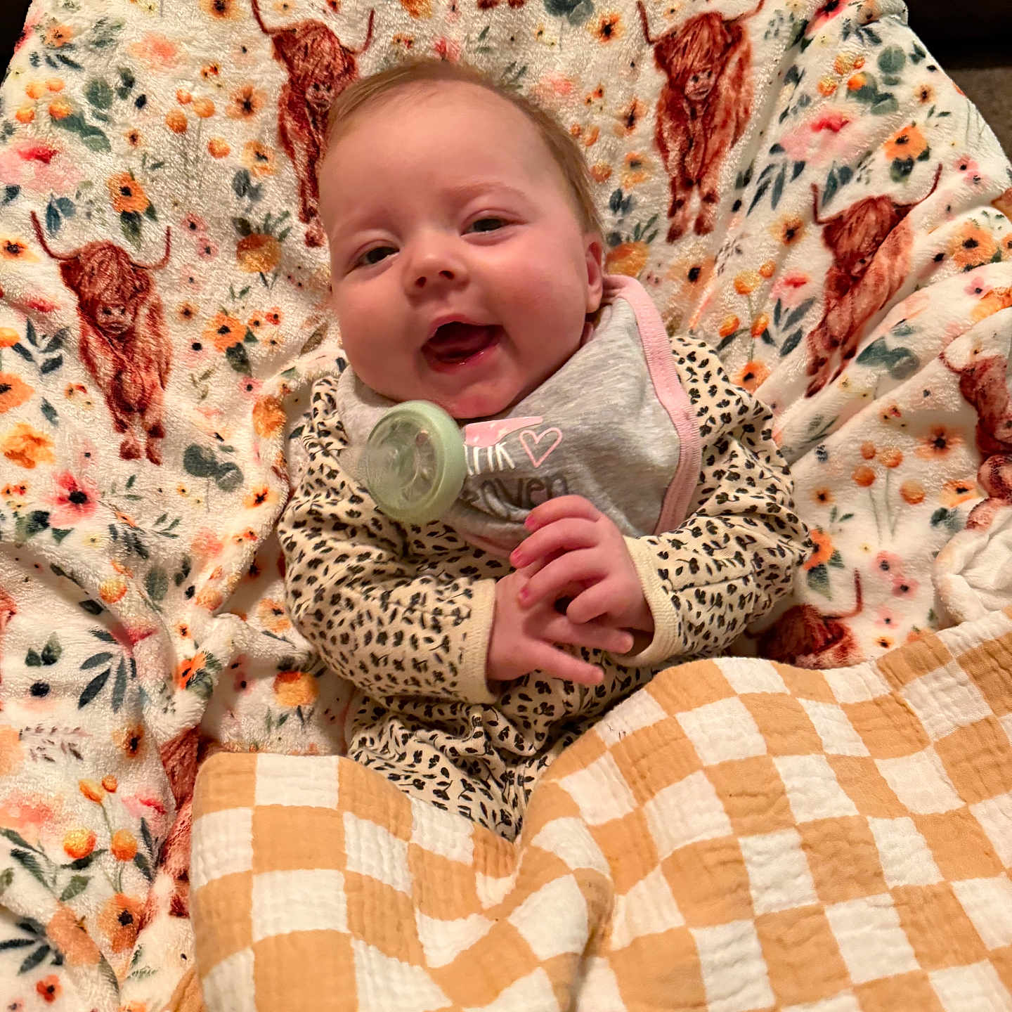 Jolee joined the competition — help win amazing prizes! animal_print, baby, blanket, cheerful, child, clothing, comfort, cozy, cute, fabric, face, happy, indoor, infant, pacifier, pattern, plaid, portrait, sitting, smile