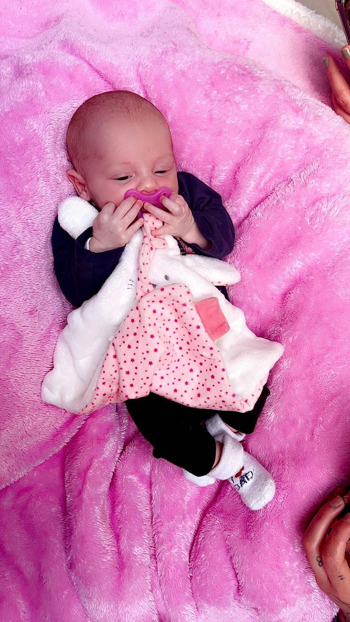 Aria a rejoint le concours — aidez-le/la à gagner de superbes lots ! baby, baby_products, baby_sleeping, baby_toddler_clothing, child, comfort, fur, linens, magenta, outerwear, pattern, peach, person, pink, purple, sitting, skin, sleeve, stuffed_toy, toddler