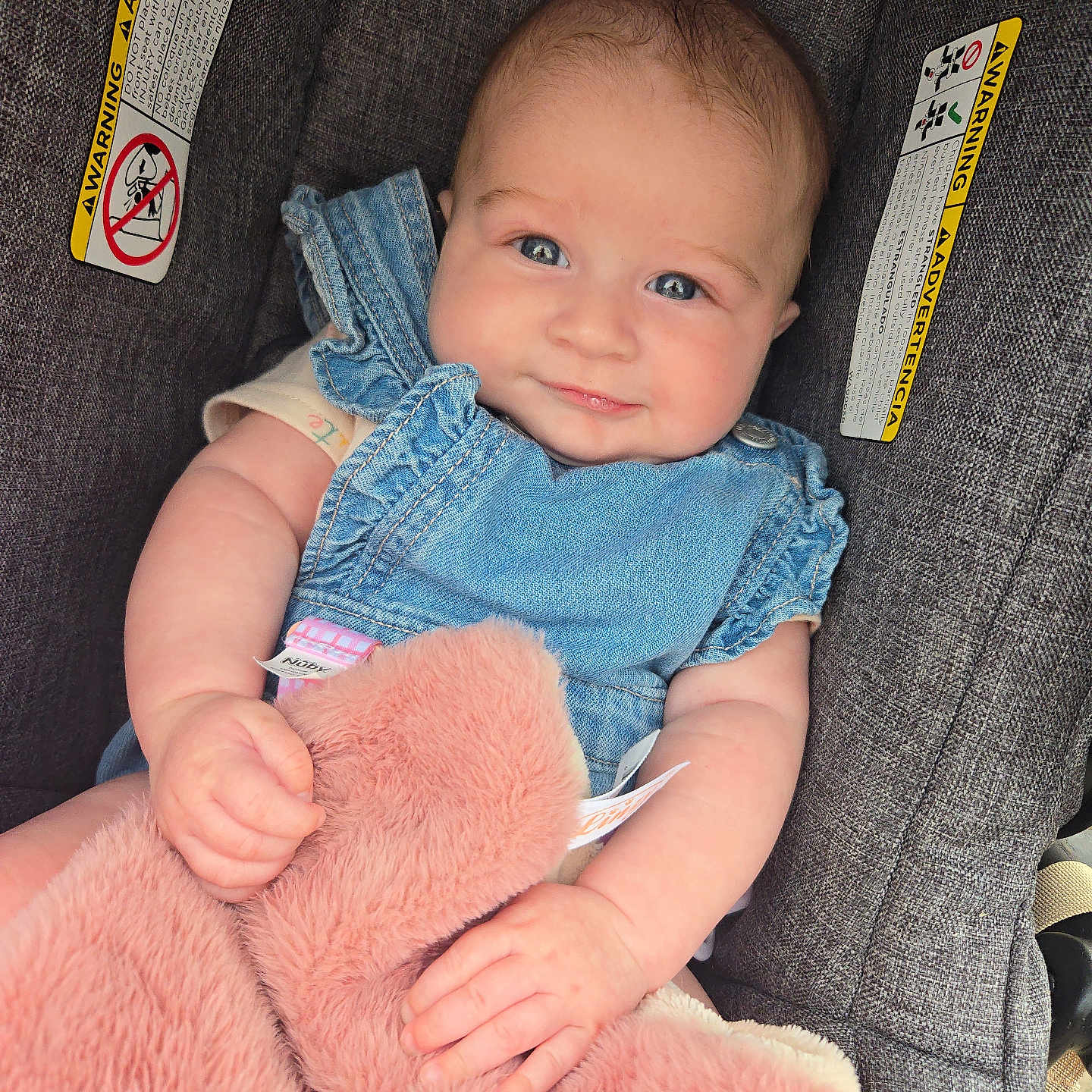 Sophia joined the competition — help win amazing prizes! arm, baby, blanket, blue_eyes, car_seat, child, child_seat, clothing, cute, denim, face, hand, holding, infant, person, pink, seat, skin, smiling, soft