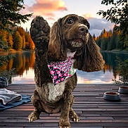 Copper is registered to the contest to win money with this photo: dog, spaniel, pet, floral_bandana, raised_paw, lake, dock, wooden_deck, forest, trees, autumn, sunset, reflection, outdoors, portrait, long_ears, brown_fur, sitting, scenic, cute