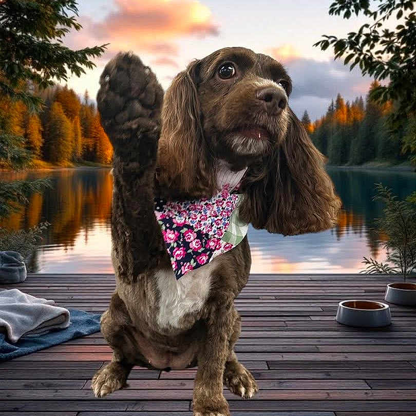 Copper is registered to the contest to win money with this photo: dog, spaniel, pet, floral_bandana, raised_paw, lake, dock, wooden_deck, forest, trees, autumn, sunset, reflection, outdoors, portrait, long_ears, brown_fur, sitting, scenic, cute