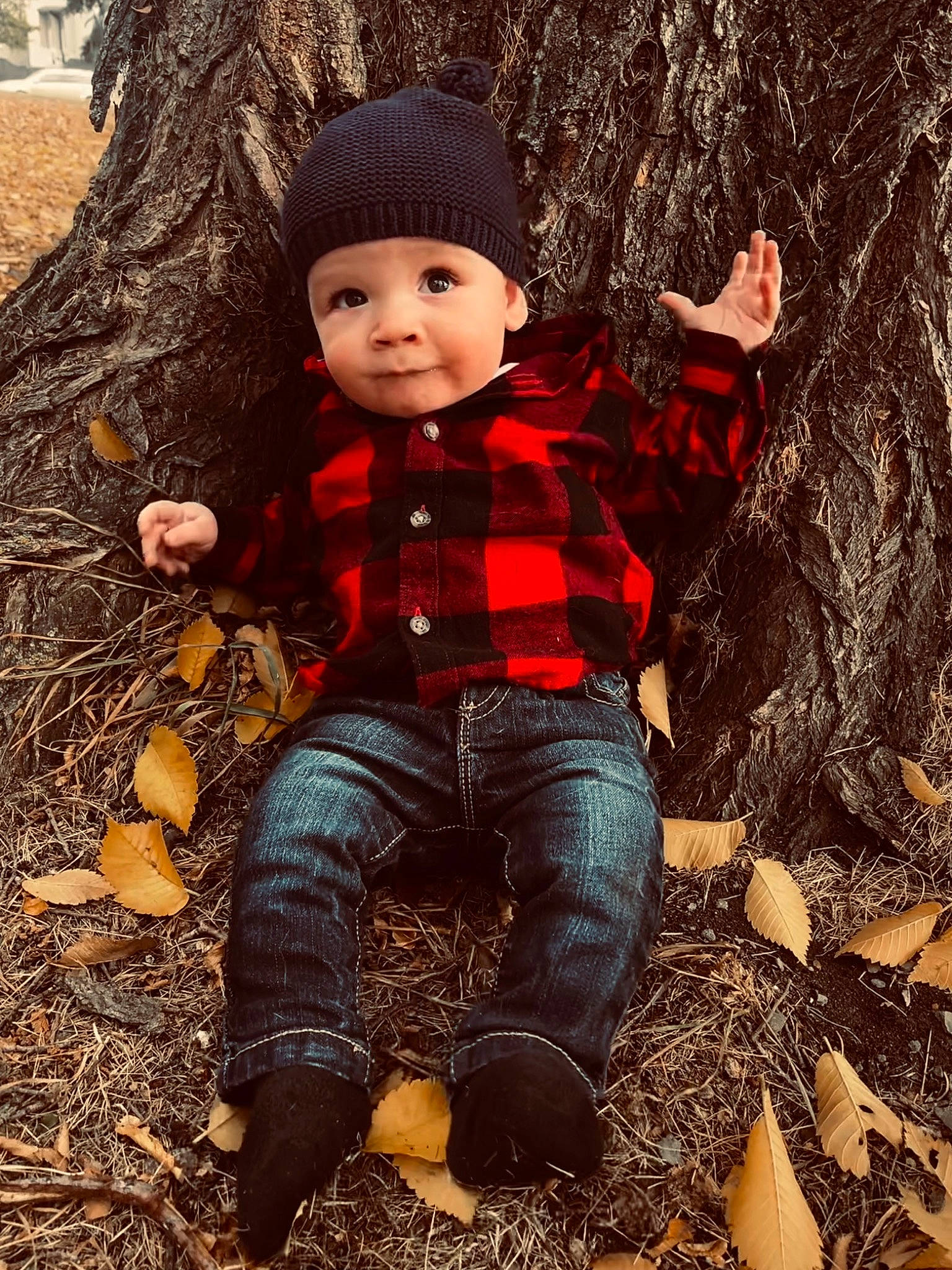 Ryder joined the competition — help win amazing prizes! baby, baby_toddler_clothing, beanie, cap, child, grass, happy, headwear, knit_cap, leaf, pattern, people_in_nature, person, plant, sitting, sleeve, soil, toddler, tree, trunk