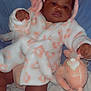baby, infant, child, soft_toy, plush, robe, hood, ears, floral_pattern, white, peach, bed, pillow, blanket, socks, cute, chubby, smiling, lying_down, indoor