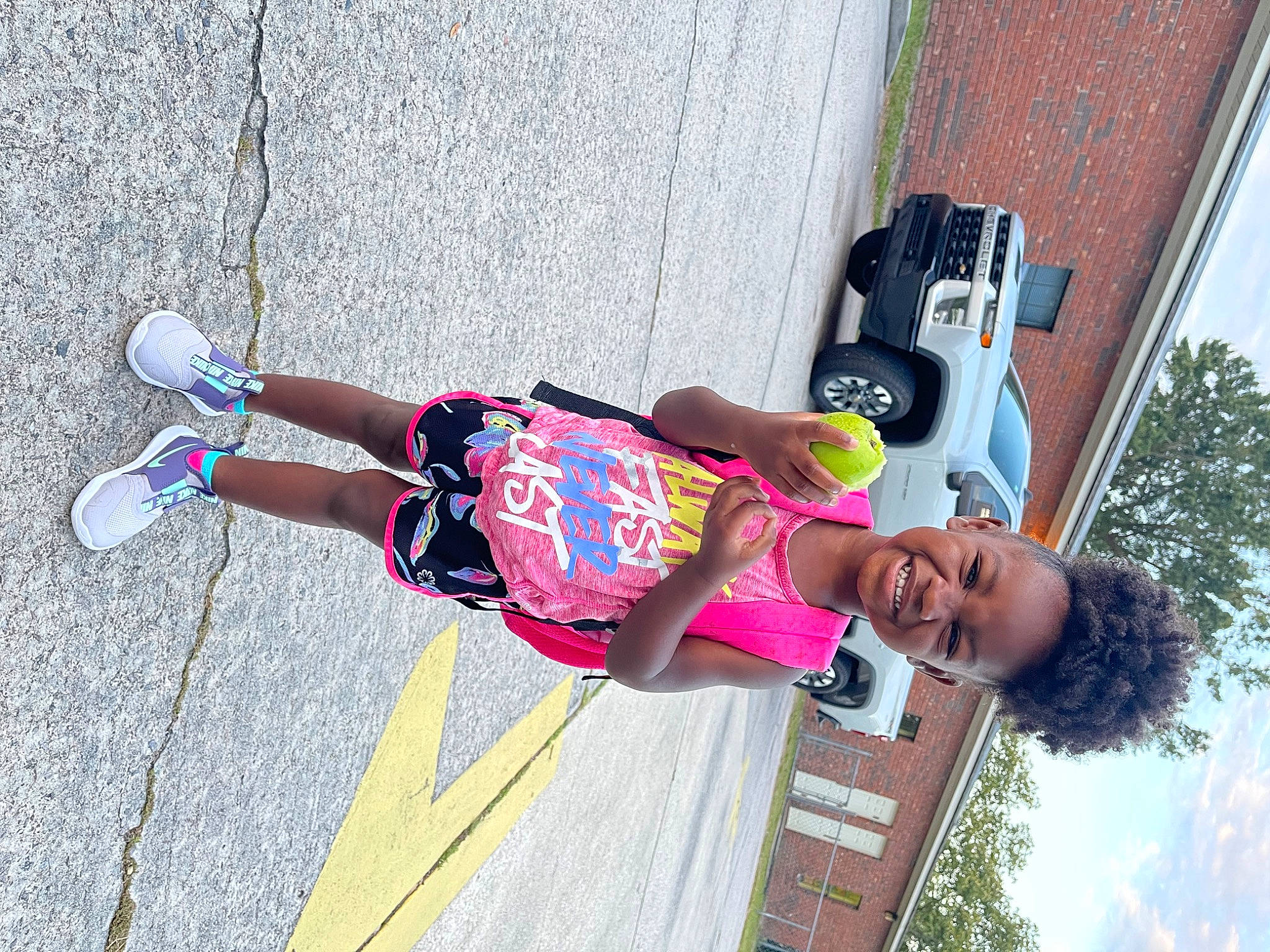 Amiyah joined the competition — help win amazing prizes! asphalt, car, child, extreme_sport, fun, happy, human_leg, joy, leisure, outdoor_shoe, person, recreation, sidewalk, sky, smile, sneakers, thigh, tire, toddler, tree