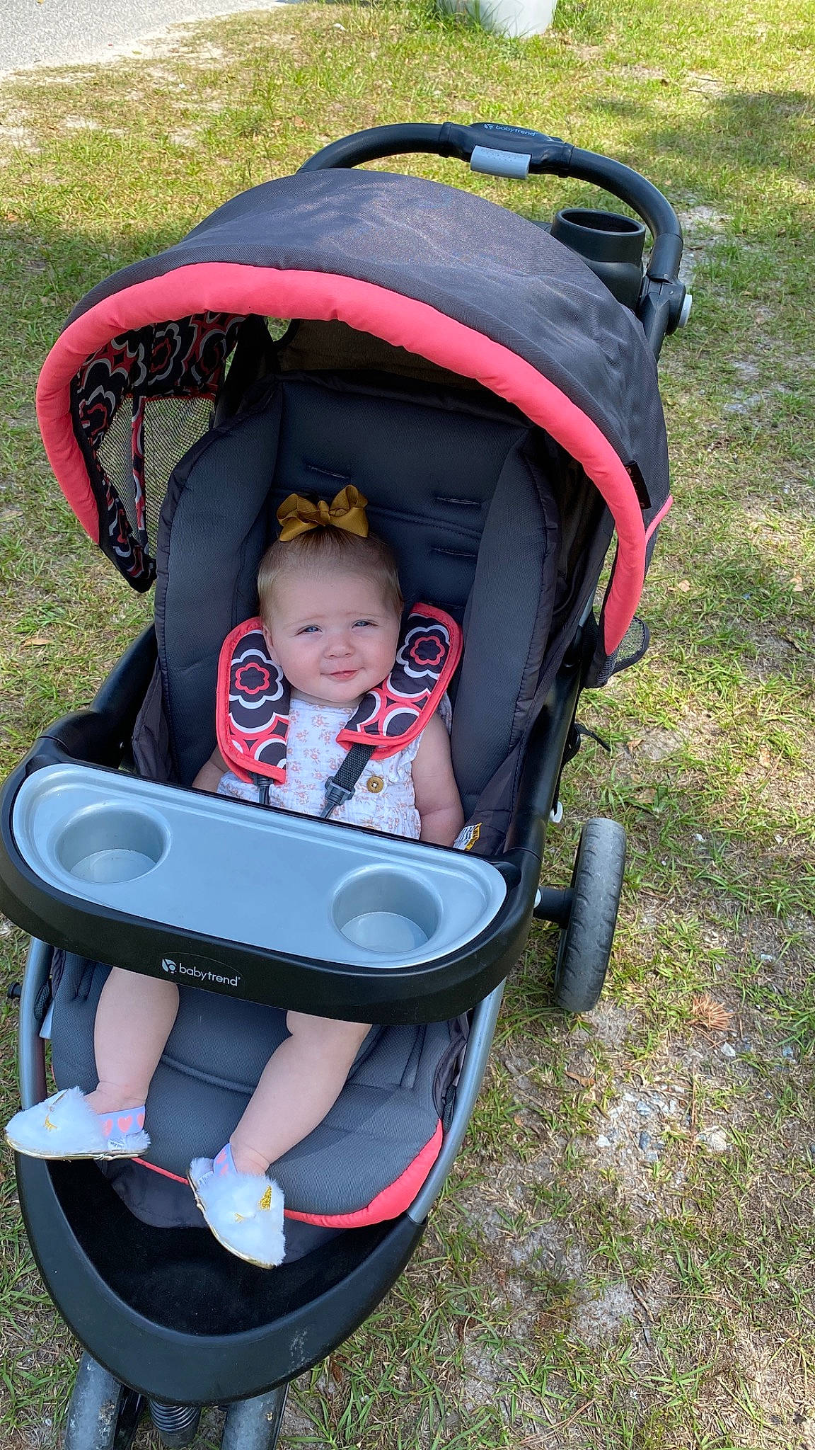 Emilee is registered to the contest to win money with this photo: auto_part, baby, baby_carriage, baby_products, baby_safety, baby_toddler_clothing, chair, child, comfort, face, fun, grass, joy, lap, leisure, person, plant, product, sitting, tire