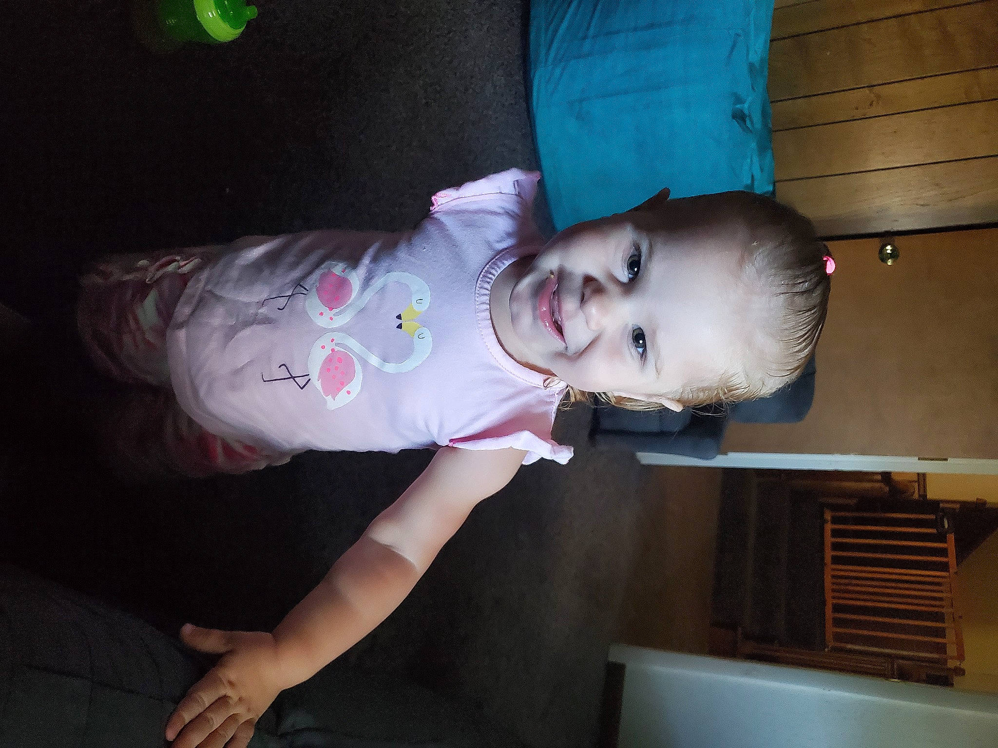 Elsa joined the competition — help win amazing prizes! baby, baby_products, baby_toddler_clothing, cheek, child, dress, ear, eye, fun, happy, iris, joy, mouth, pattern, person, sitting, smile, toddler, wood