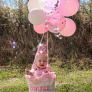 Bonnie Boo joined the competition — help win amazing prizes! baby, child, pink_dress, balloons, bubbles, grass, outdoor, sunny, basket, crown, half_birthday, smiling, happy, nature, celebration, flower_decorations, cute, portrait, infant, one_half_year_old