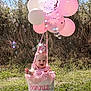 baby, child, pink_dress, balloons, bubbles, grass, outdoor, sunny, basket, crown, half_birthday, smiling, happy, nature, celebration, flower_decorations, cute, portrait, infant, one_half_year_old