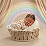 baby, background, basket, blanket, child, cozy, cute, infant, knitted, newborn, pastel, peaceful, portrait, rainbow, serene, sleeping, soft, studio, warm, wrapped