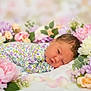 newborn, baby, flower_bed, pastel_colors, sleeping, infant, soft_light, floral_background, cute, peaceful, portrait, close_up, laying_down, nature, spring, fresh, delicate, petals, greenery, soft_fabric