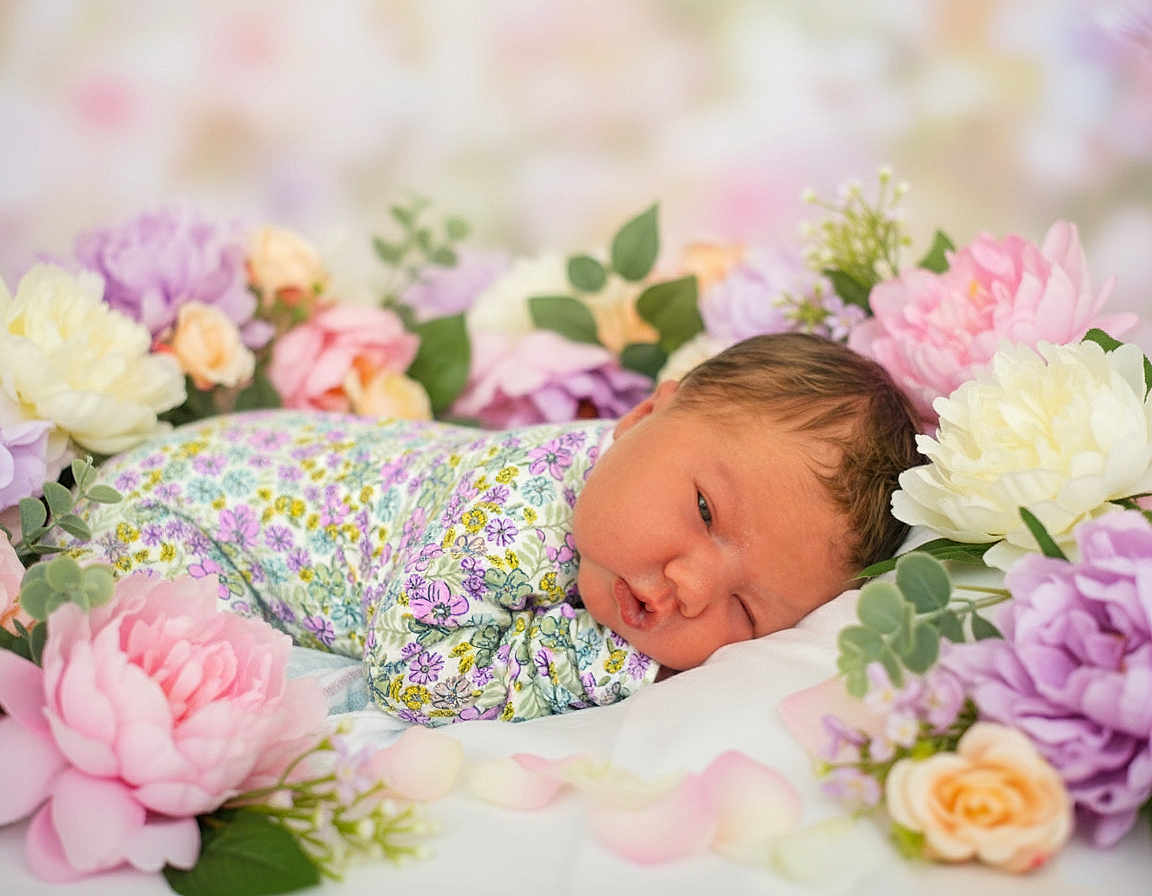 Astrid joined the competition — help win amazing prizes! newborn, baby, flower_bed, pastel_colors, sleeping, infant, soft_light, floral_background, cute, peaceful, portrait, close_up, laying_down, nature, spring, fresh, delicate, petals, greenery, soft_fabric