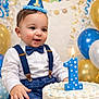 baby, toddler, child, first_birthday, birthday_cake, candle, party_hat, bow_tie, suspenders, balloons, confetti, celebration, smile, portrait, blue_theme, polka_dot, icing, hand, festive, dessert