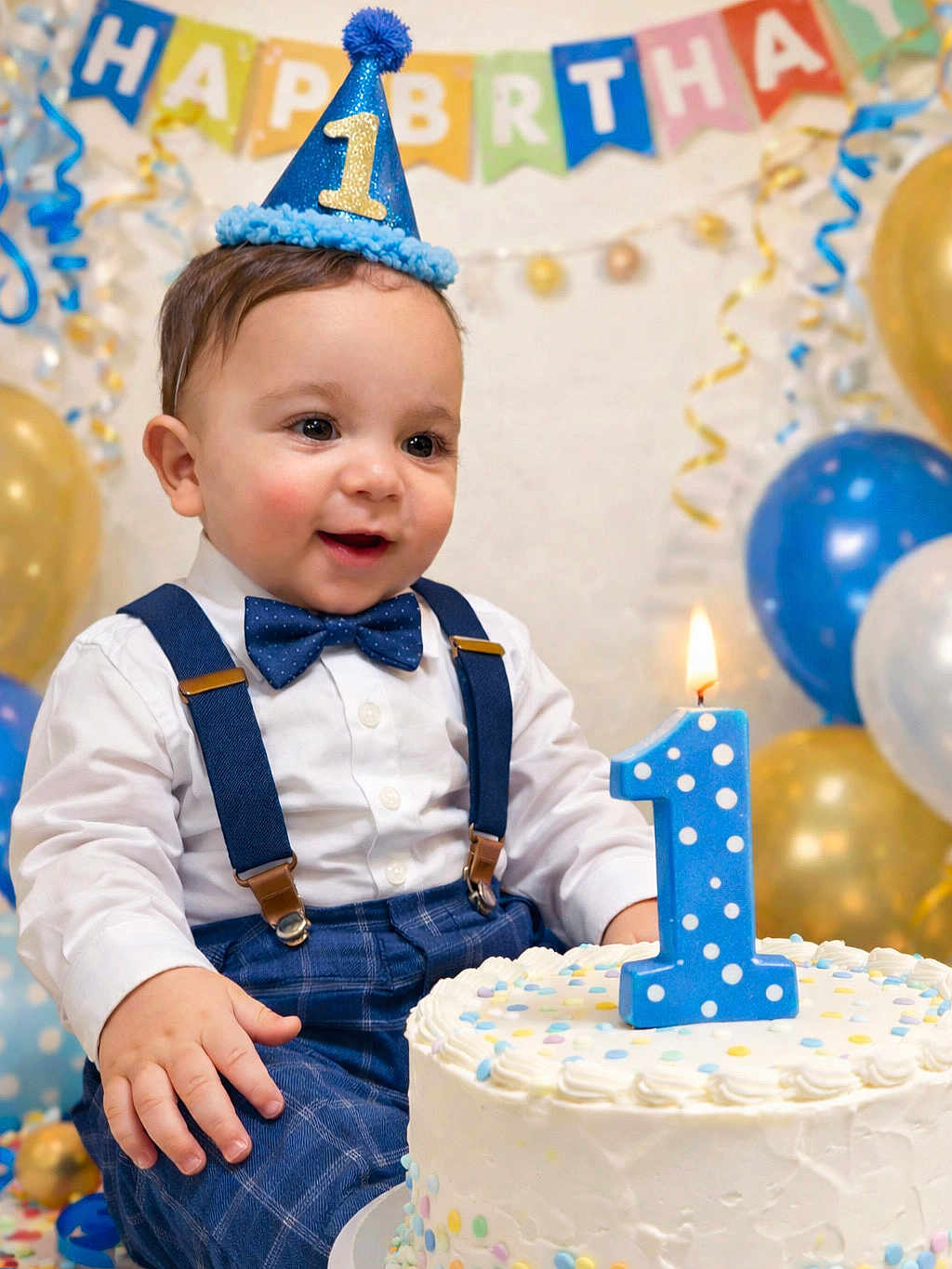 Abel participe au concours pour gagner de l'argent avec cette photo : baby, toddler, child, first_birthday, birthday_cake, candle, party_hat, bow_tie, suspenders, balloons, confetti, celebration, smile, portrait, blue_theme, polka_dot, icing, hand, festive, dessert