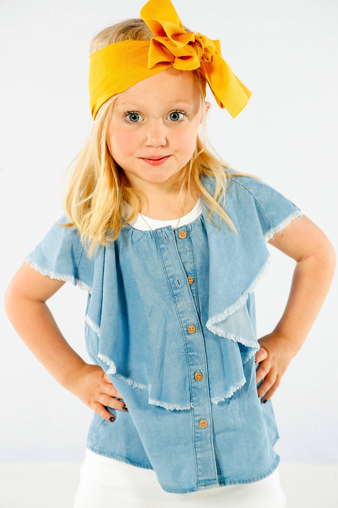 Cecelia is registered to the contest to win money with this photo: arm, azure, baby_toddler_clothing, collar, costume_hat, day_dress, denim, electric_blue, face, happy, hat, headwear, joy, neck, outerwear, person, shoulder, sleeve, standing, street_fashion