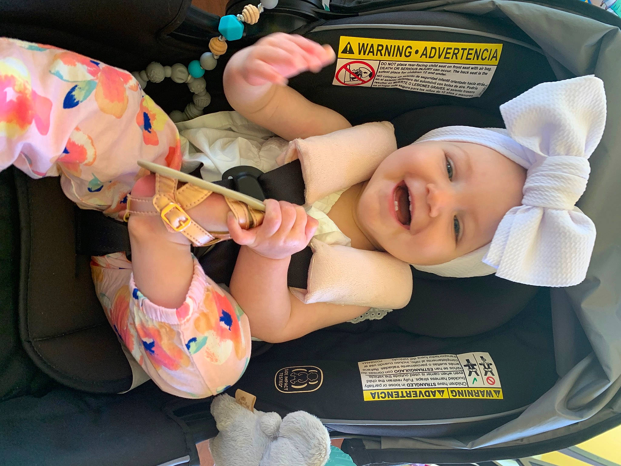 Sophia is registered to the contest to win money with this photo: auto_part, baby, baby_carriage, baby_products, baby_toddler_clothing, car_seat, child, finger, fun, hand, happy, hat, headwear, joy, mouth, nail, person, play, smile, thigh