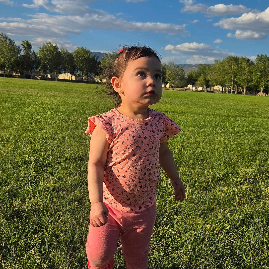 Athena joined the competition — help win amazing prizes! child, toddler, grass, park, outdoor, sky, clouds, tree, greenery, sunlight, casual_clothing, pink_clothing, curious_expression, standing, nature, daytime, playing, young_child, scenic, leisure