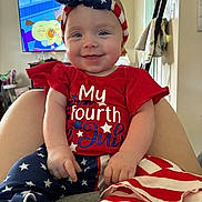 Myla is registered to the contest to win money with this photo: american_flag_pattern, baby, blue_clothing, child, cute, fourth_of_july, furniture, happy, headband, home, indoors, infant, patriotic, person, red_clothing, sitting, smiling, stars, stripes, television
