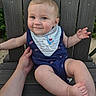 baby, child, smiling, blue_outfit, bib, donald_duck, bench, wooden_bench, hand, outdoor, grass, cute, happy, person, infant, sitting, skin, foot, arm, face