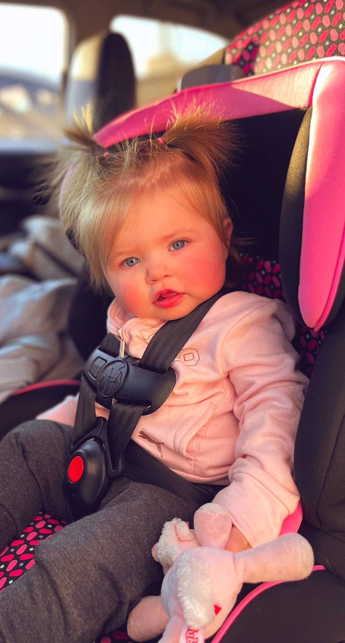 Journey is registered to the contest to win money with this photo: baby, baby_carriage, baby_toddler_clothing, blond, car_seat, child, comfort, event, fun, hairstyle, happy, head, human, lap, mammal, person, pink, sitting, skin, toddler