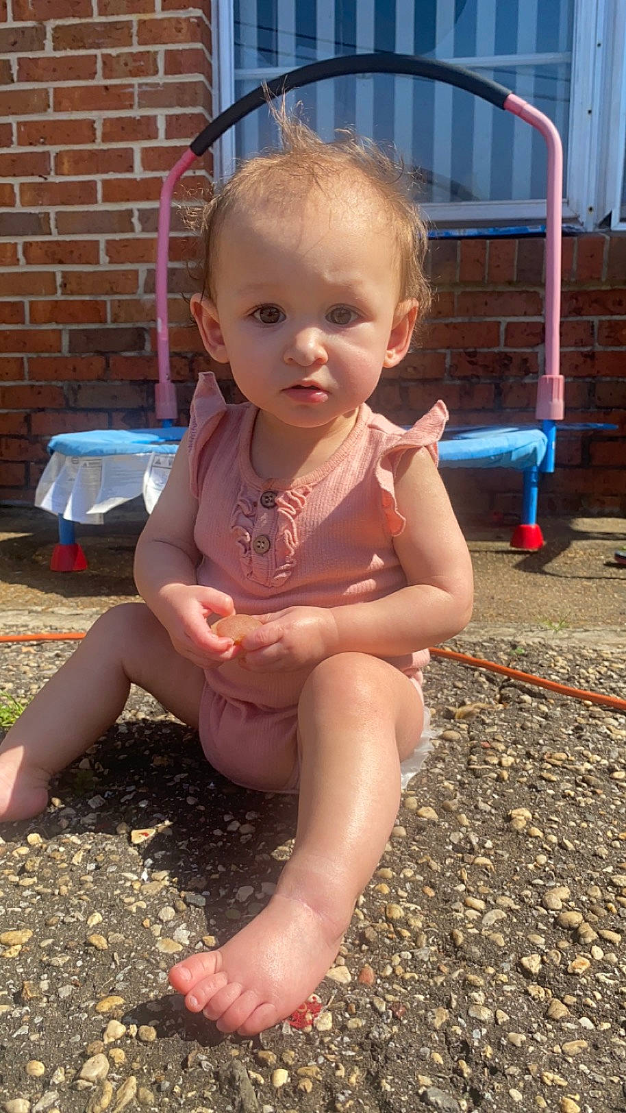Vira joined the competition — help win amazing prizes! baby, baby_toddler_clothing, barefoot, brickwork, child, face, foot, fun, grass, hairstyle, human_leg, knee, leg, leisure, person, play, sitting, soil, thigh, thumb