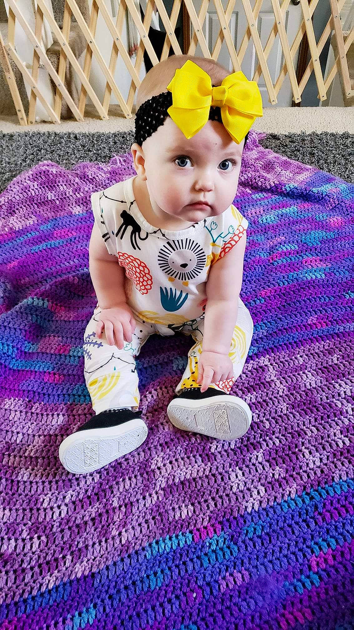 Jovi is registered to the contest to win money with this photo: baby, baby_bloomers, baby_toddler_clothing, cap, child, crochet, design, fashion_accessory, flooring, hair_accessory, headgear, knitting, lavender, pattern, person, play, purple, textile, toddler, violet