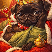 Maggie joined the competition — help win amazing prizes! adorable, crown, cute, digital_art, dog, fur_trim, green, illustration, jewelry, jewels, orb, portrait, pug, puppy, red, robe, royal, scepter, throne, velvet