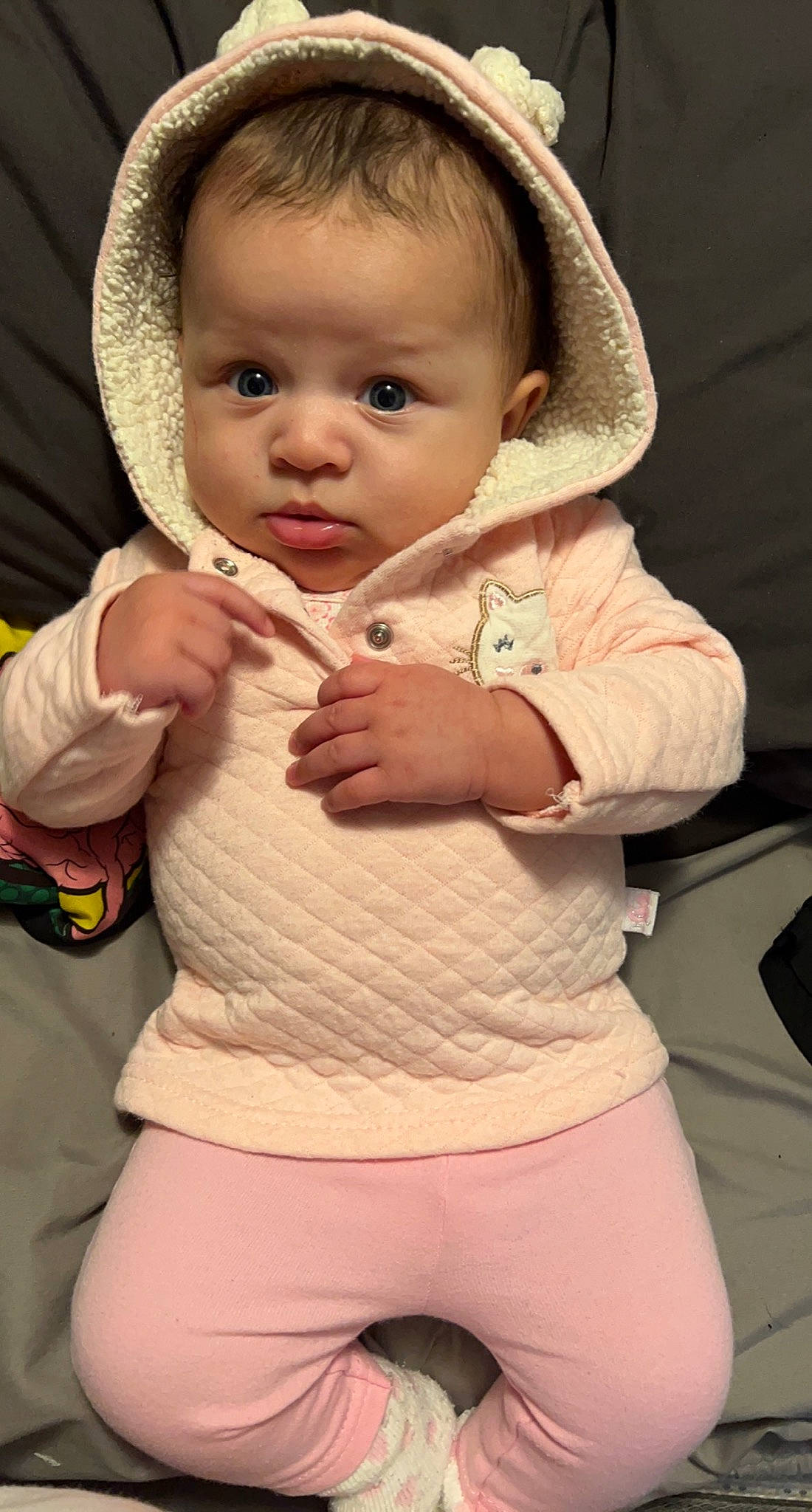 Nalayah is registered to the contest to win money with this photo: baby, baby_toddler_clothing, cheek, eye, face, finger, gesture, hairstyle, head, iris, lip, mouth, neck, nose, person, pink, shorts, skin, sleeve, stomach