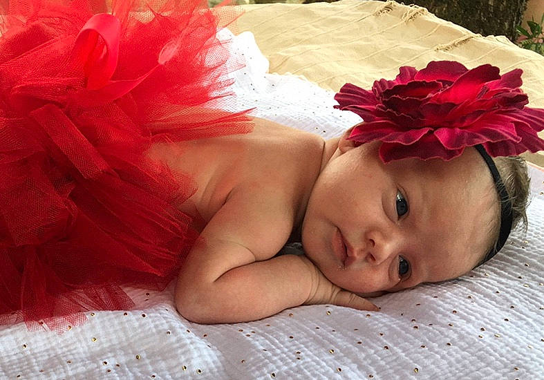 Capucine a rejoint le concours — aidez-le/la à gagner de superbes lots ! baby, baby_toddler_clothing, dress, eye, eyebrow, flower, grass, happy, headband, headgear, headpiece, jewellery, linens, lip, magenta, person, petal, pink, plant, skin