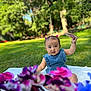 Eliana joined the competition — help win amazing prizes! baby, blanket, child, cute, denim_dress, flowers, grass, greenery, happy, infant, natural_light, outdoor, park, person, playful, portrait, purple, summer, sunny, toy
