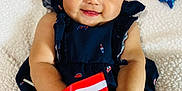 Eliana joined the competition — help win amazing prizes! american_flag, baby, blanket, blue_dress, bracelet, celebration, child, cute, festive, flag, happy, headband, holiday, indoors, person, portrait, red_bow, smile, sparkly, stars