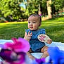 Eliana is registered to the contest to win money with this photo: baby, blanket, blue_outfit, child, curious, cute, daylight, eight_months, flowers, grass, greenery, nature, outdoor, pink, portrait, purple, sign, sitting, summer, young_child