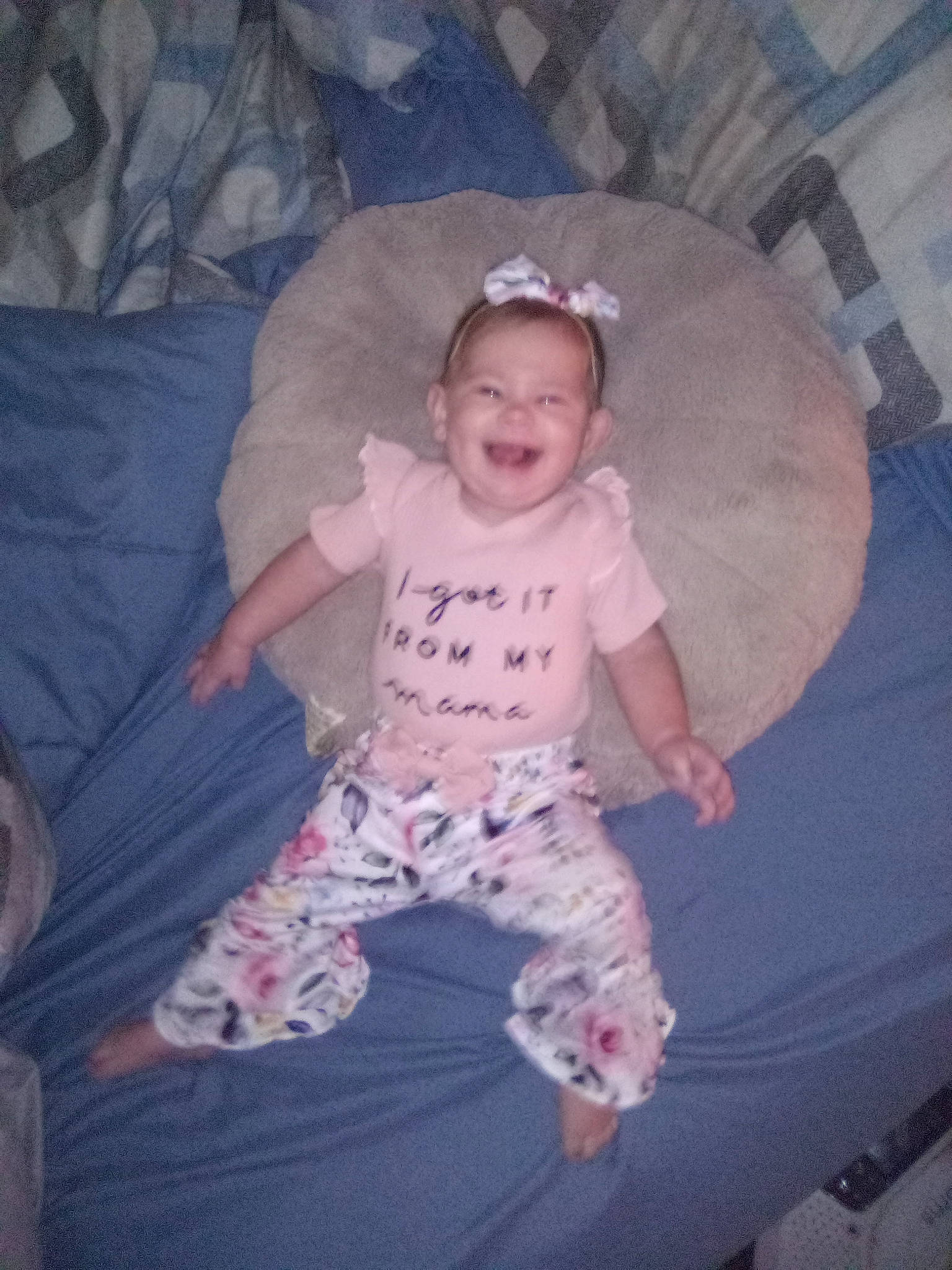 Jayla joined the competition — help win amazing prizes! baby, baby_toddler_clothing, child, comfort, eye, fun, happy, hat, human_body, joy, leg, linens, magenta, mouth, pattern, person, pink, sitting, sleeve, smile