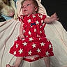 Phoenix joined the competition — help win amazing prizes! animal, baby, blanket, child, comfort, cozy, curious, cute, dog, friendship, indoors, infant, lying_down, paw, pet, red_dress, smiling, soft, stars, young