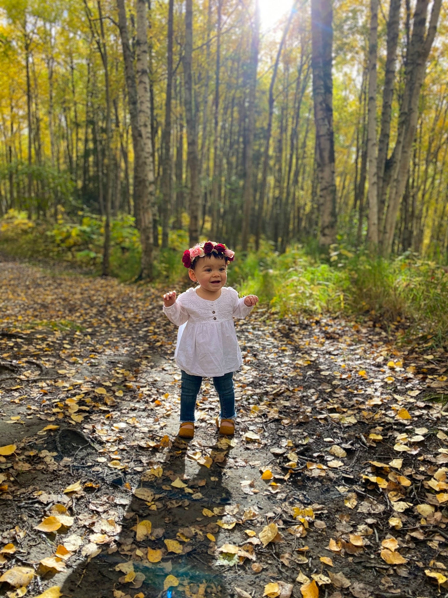 Ezlyn is registered to the contest to win money with this photo: autumn, baby, baby_toddler_clothing, deciduous, forest, grove, human, jungle, leaf, northern_hardwood_forest, old_growth_forest, pebble, people_in_nature, person, sunglasses, temperate_broadleaf_and_mixed_forest, trail, tree, trousers, valdivian_temperate_rain_forest