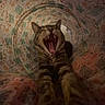 animal, cat, close_up, cozy, cute, dim_light, feline, fur, indoor, leaf_pattern, leopard_print, mouth_open, pattern, pet, sleepy, stretching, tabby_cat, tunnel, whiskers, yawning