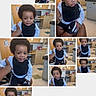 baby, child, indoor, person, curly_hair, bib, black_bib, blue_shirt, black_shorts, sitting, medical_office, hand, floor, cabinet, monitor, chair, expression, portrait, collage, cute