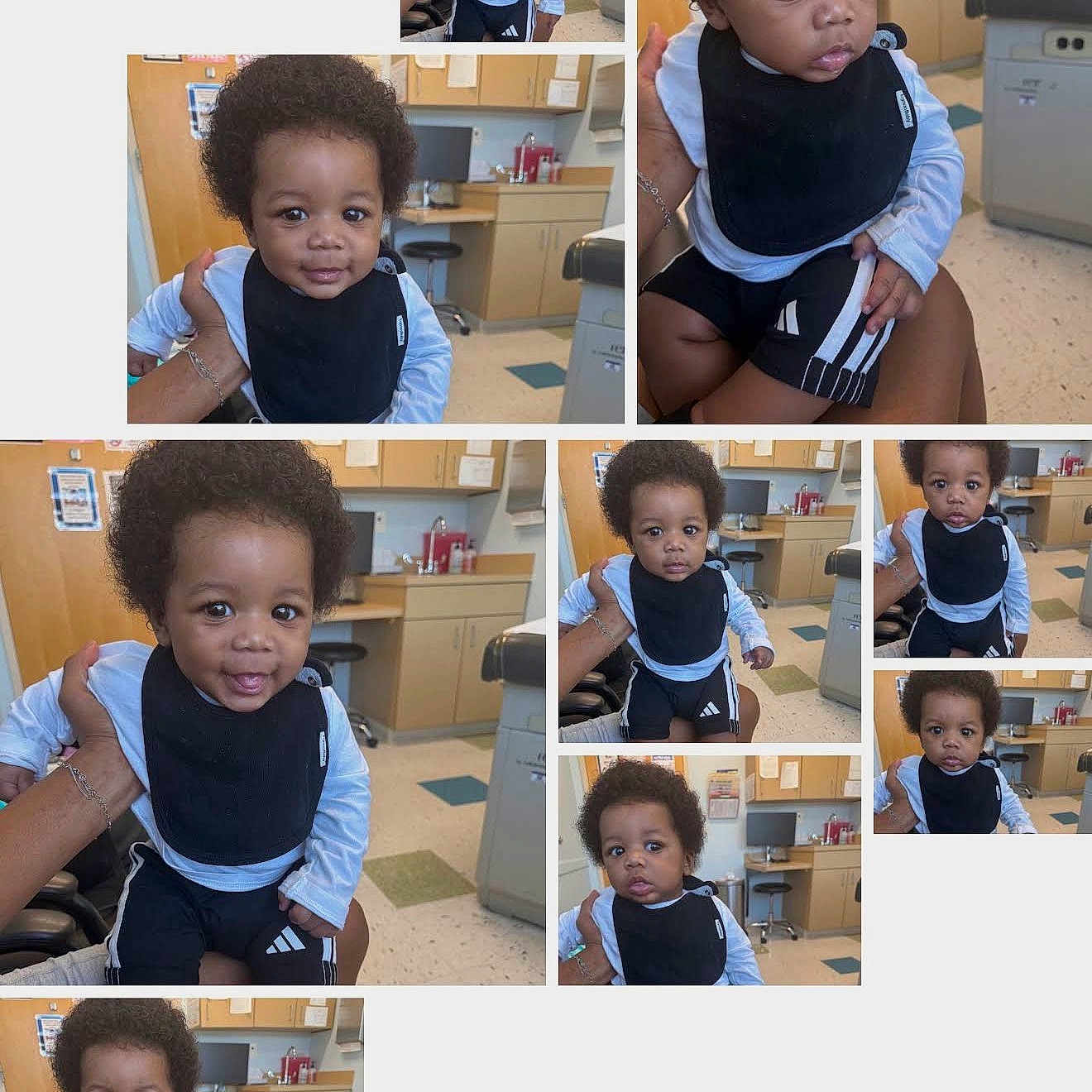 Sebastian Green joined the competition — help win amazing prizes! baby, child, indoor, person, curly_hair, bib, black_bib, blue_shirt, black_shorts, sitting, medical_office, hand, floor, cabinet, monitor, chair, expression, portrait, collage, cute