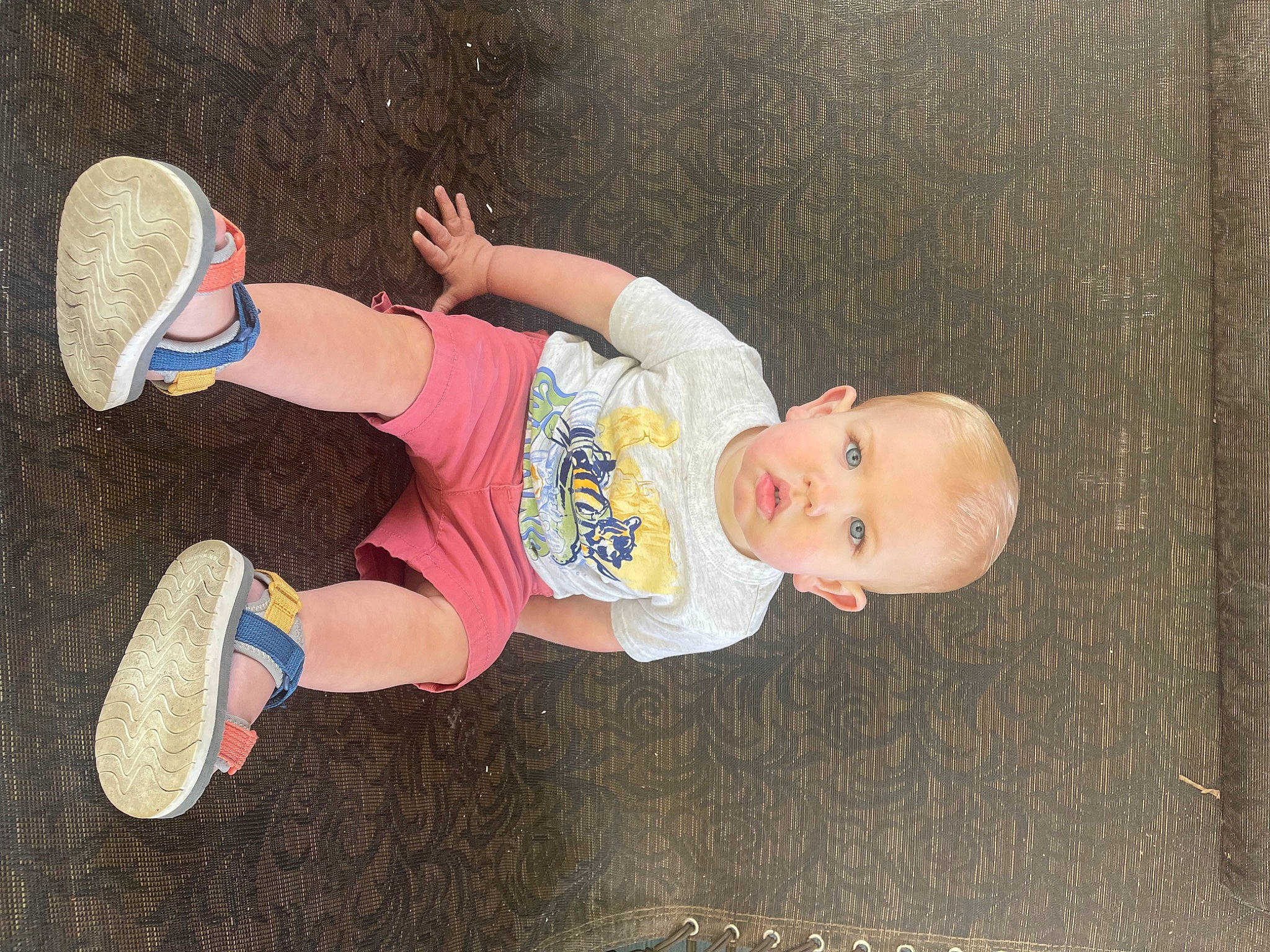 August is registered to the contest to win money with this photo: baby, baby_toddler_clothing, child, foot, fun, happy, hat, headgear, human_leg, knee, leg, outdoor_shoe, person, play, sandal, smile, sock, thigh, toddler, walking_shoe