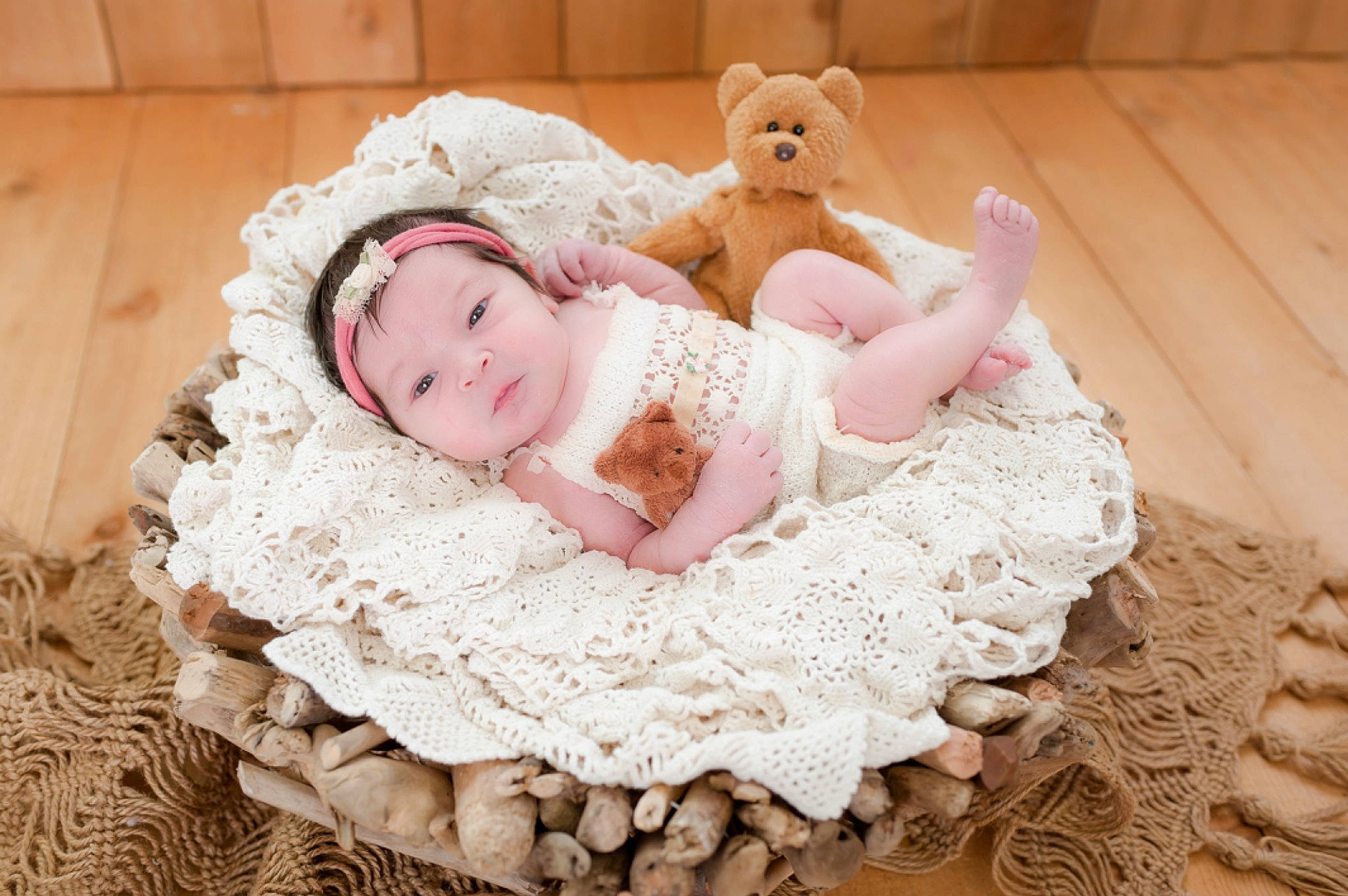 Willow joined the competition — help win amazing prizes! baby, baby_toddler_clothing, bridal_accessory, child, comfort, dress, embellishment, event, hair_accessory, happy, headgear, headpiece, headwear, linens, pattern, peach, person, petal, pink, sitting