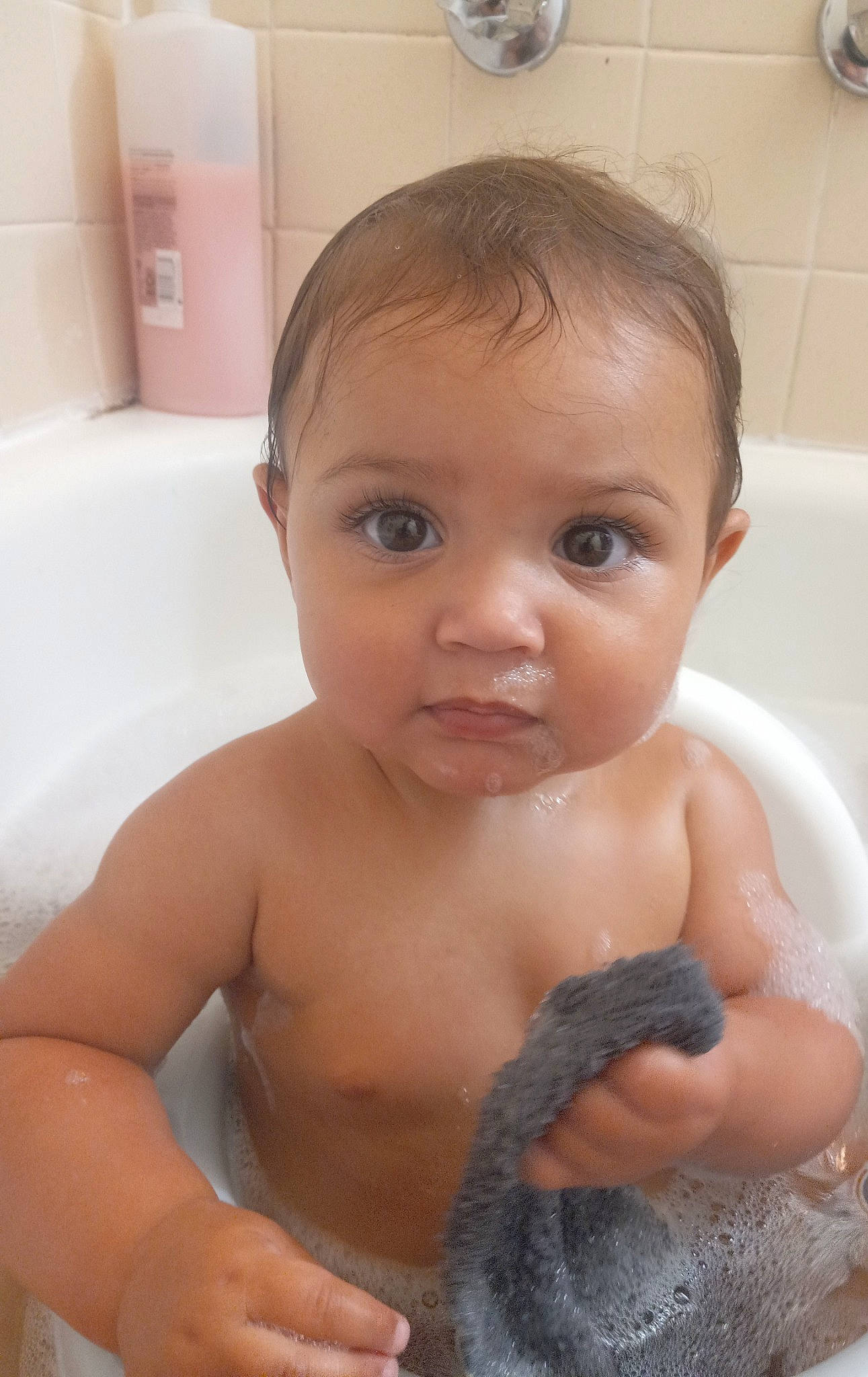 Lakelynn joined the competition — help win amazing prizes! baby_bathing, bathing, bathroom, bathtub, cheek, chest, chin, ear, eye, eyebrow, fluid, head, iris, lip, organ, person, plumbing_fixture, skin, toddler, water