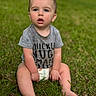 toddler, child, grass, outdoor, baby, sitting, diaper, gray_shirt, curious, face, head, barefoot, nature, green, young_child, portrait, casual, summer, expression, daytime