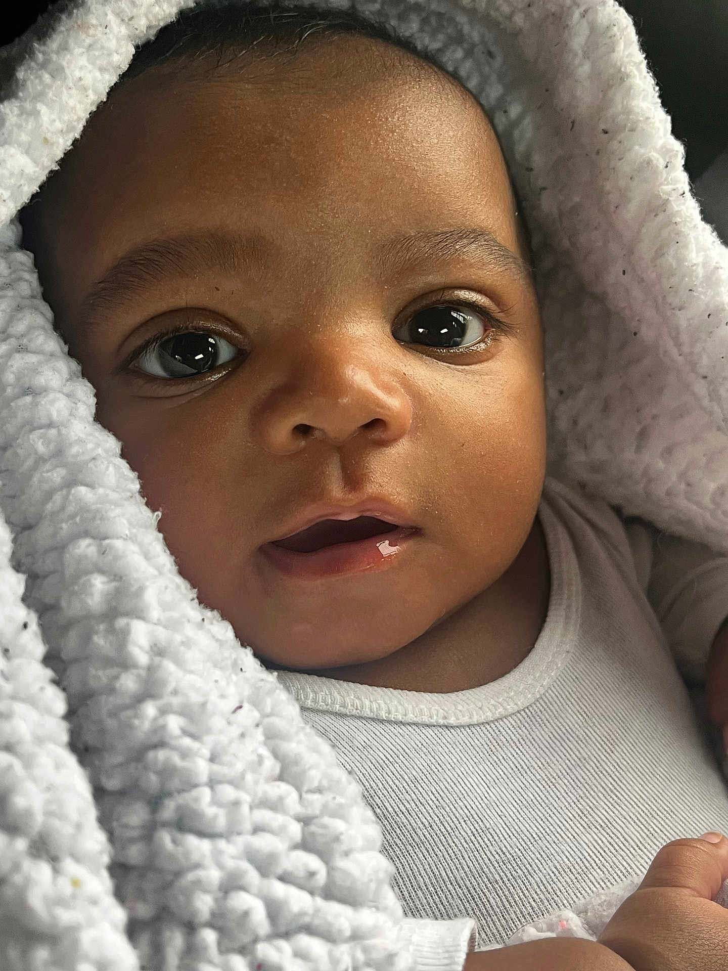 Phillip joined the competition — help win amazing prizes! baby, infant, close_up, face, eyes, blanket, white_clothing, skin, newborn, cute, portrait, soft_texture, child, young, adorable, cozy, warm, sleepwear, wrapped, expression