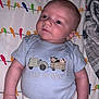 baby, bird_pattern, blanket, blue_shirt, child, comfortable, curious_expression, cute, family_theme, human, indoors, infant, lying_down, pajamas, portrait, printed_shirt, sleepwear, soft_lighting, text_on_clothing, young_child
