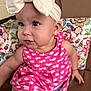 Ariah is registered to the contest to win money with this photo: baby, child, headband, bow, pink_dress, fish_pattern, earrings, cushion, floral_pattern, indoor, cute, sitting, portrait, face, skin, person, young_child, expression, clothing, head