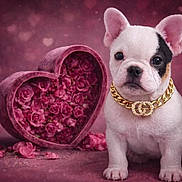Gucci joined the competition — help win amazing prizes! french_bulldog, puppy, dog, heart_shaped_box, roses, flowers, gold_chain, pink, romantic, portrait, cute, studio, pet, animal, sitting, decorative, love, background, close_up, adorable