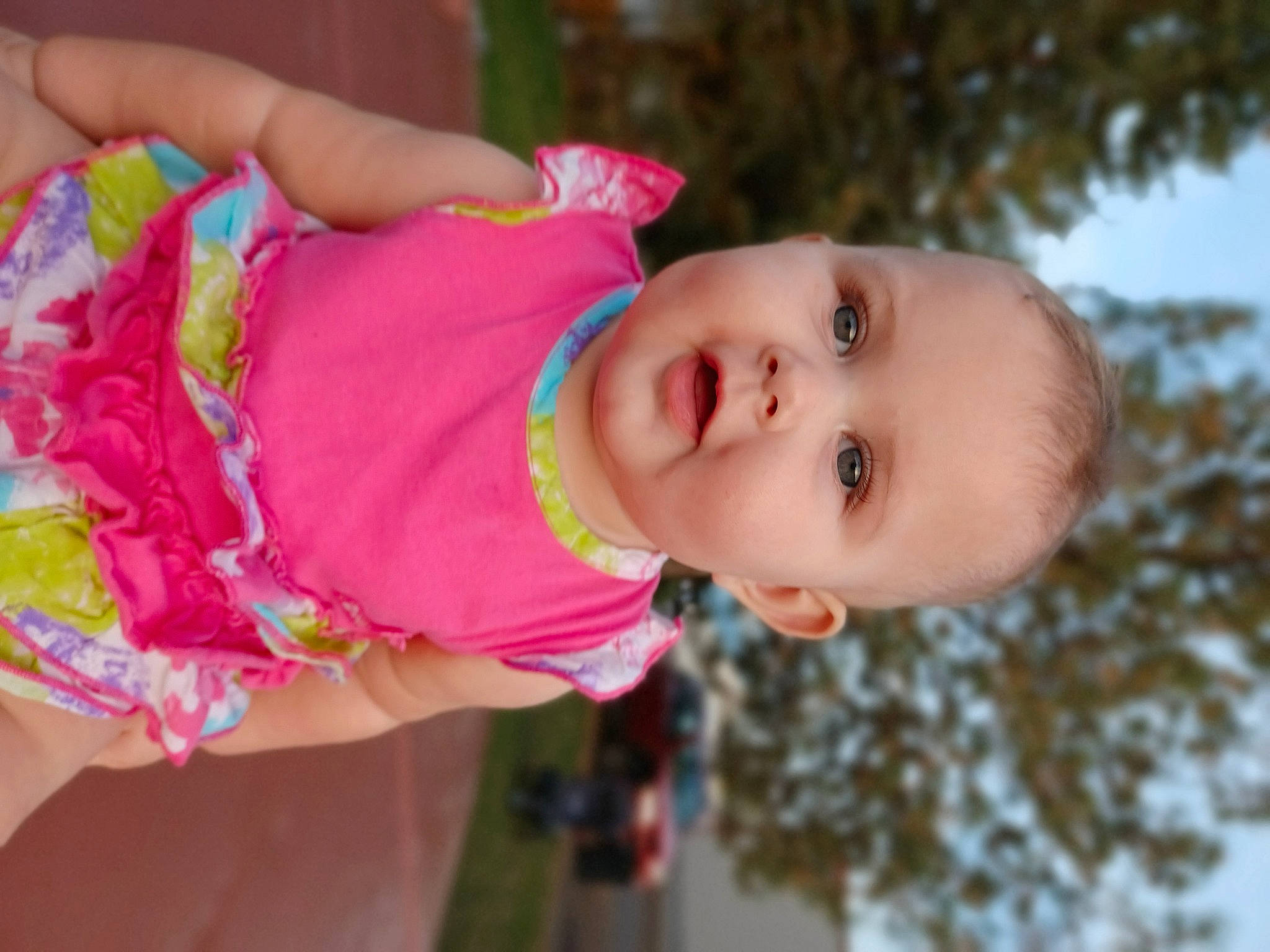 Elayna joined the competition — help win amazing prizes! baby, baby_toddler_clothing, cheek, child, fun, grass, happy, leisure, magenta, nose, pattern, person, pink, plant, skin, sky, smile, toddler, tree, vacation