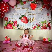 Soulana joined the competition — help win amazing prizes! baby, balloons, birthday, celebration, child, cute, decorations, event, festive, happy, headband, indoor, one_year_old, party, pink_dress, sitting, smiling, strawberry, tablecloth, young_child
