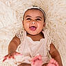 Delilah joined the competition — help win amazing prizes! baby, child, smiling, happy, headband, reaching_out, fluffy_rug, cream_color, cute, infant, portrait, indoor, soft_texture, apparel, delight, joy, closeup, skin, expression, cute_outfit