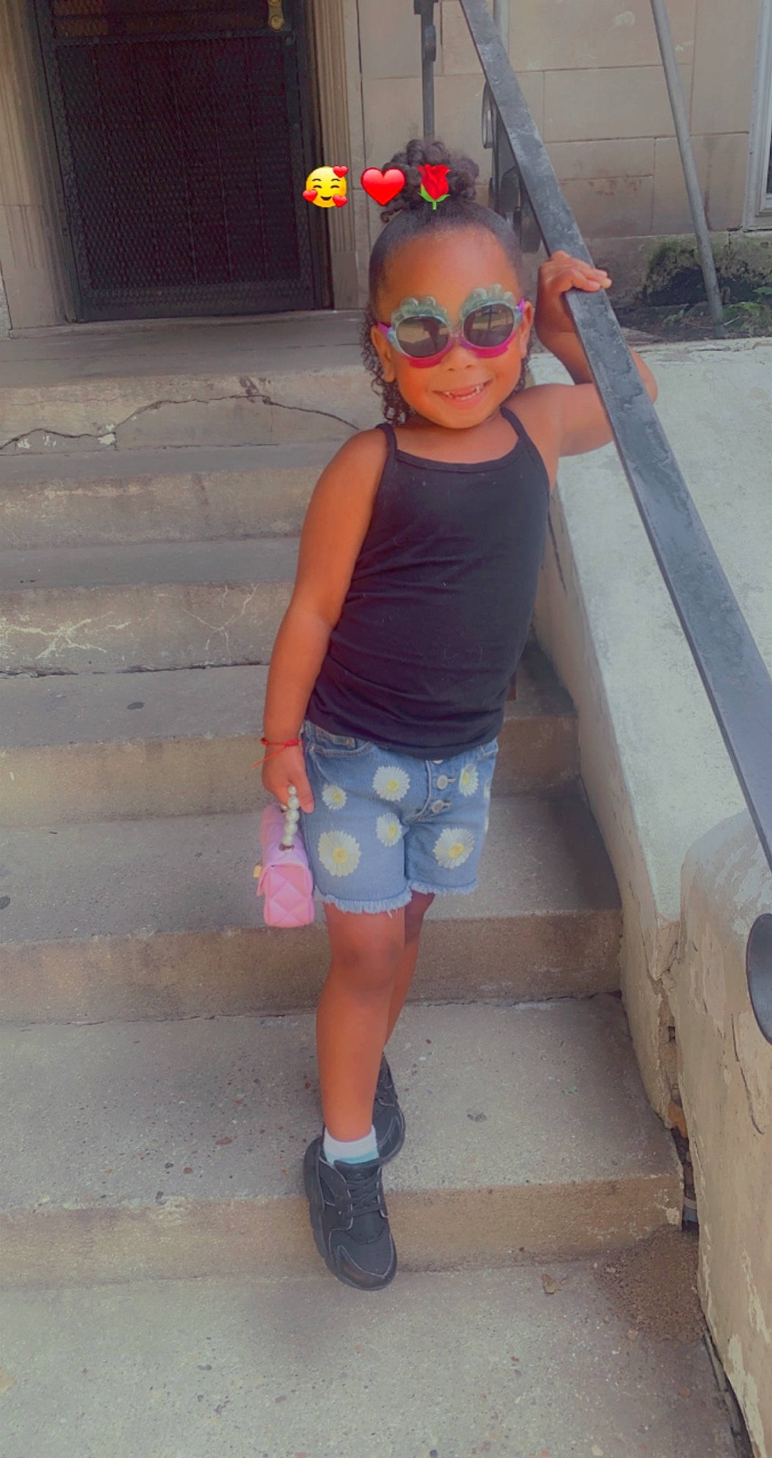 Kali joined the competition — help win amazing prizes! baby_toddler_clothing, clothing, eyewear, fashion, footwear, glasses, goggles, hairstyle, joy, leg, orange, person, photograph, shoe, shoulder, sleeve, standing, street_fashion, sunglasses, thigh